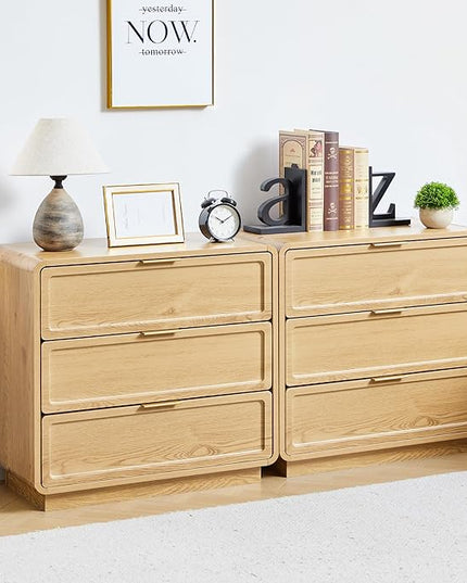 Modern Nightstand Set of 2 for Bedroom, 26'' Wide Wood 3 Drawers Bedside Table, Large Dresser w/Curved Profile Design, Side Table, End Table with Storage Drawers for Living Room, Entryway, Natural