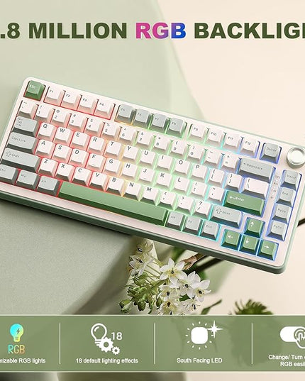 YUNZII B75 PRO Wireless Mechanical Keyboard,75% Layout with Knob,Hot Swap Gasket Structure,Creamy Pre-lubed Switches,RGB Backlit,Bluetooth/Type-C/2.4G for Win/Mac (Matcha Green, Cocoa Cream V2 Switch)