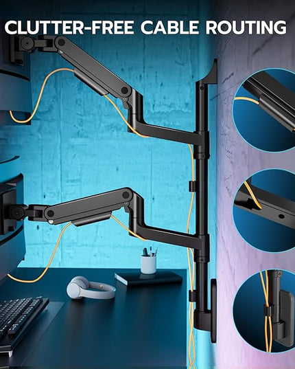 ARES WING Dual Monitor Wall Mount for 17-49 Inch Ultrawide Screens, Heavy Duty Wall Mount Monitor Arm Holds 44 lbs Each, Fully Adjustable Gas Spring Monitor Arm, 75x75/100x100 VESA Mount, Black