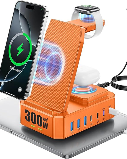 300W Charging Station for Multiple Devices Apple, Zutspzss 10 in 1 Wireless Charger for iPhone 16, GaN III USB C 65W PD Fast Charging Stand Dock for MacBook, Apple Watch&Airpods,Orange