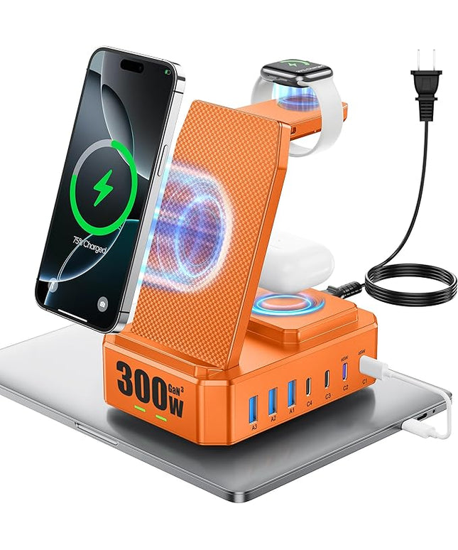 300W Charging Station for Multiple Devices Apple, Zutspzss 10 in 1 Wireless Charger for iPhone 16, GaN III USB C 65W PD Fast Charging Stand Dock for MacBook, Apple Watch&Airpods,Orange