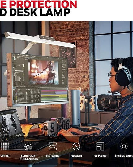 Honeywell LED Desk Lamp with Clamp - HJ1 Sunturalux Eye-Caring Clip on Lights for Home Office, 1200LM Clamp Lamp 4 Color Modes Stepless Dimming Task Desk Light for Working White