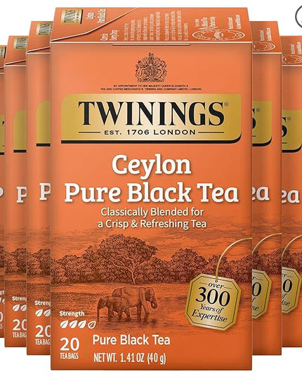 Twinings Ceylon Pure Black Tea Individually Wrapped Bags, 20 Count (Pack of 6), formerly Ceylon Orange Pekoe, Crisp, Refreshing, Caffeinated, Enjoy Hot or Iced, 120 Teabags