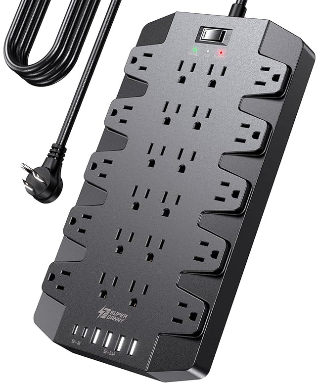 10 Ft Extension Cord Power Strips with Surge Protection, SUPERDANNY Surge Protector with 22 Outlets, 2 USB-C and 4 USB-A, 2100J, 10Ft Flat Plug Heavy Duty Extension Cord (1875W/15A) for Home, Office