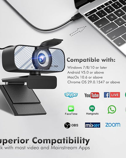 USB HD Webcam with Built-in Microphone and Rotatable Tripod, 1080P Video, Wide Angle Camera, Privacy Cover, for Desktop PC or Laptop Computer（White）
