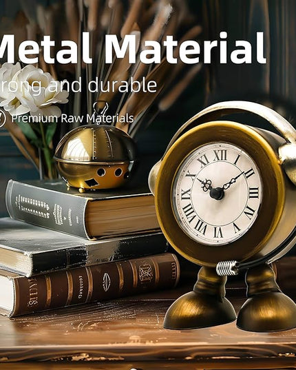 YOUKI Vintage Robot Table Clock on Stand, Decorative Desk and Shelf Clock, Rustic Mantel Farmhouse Silent Non-Ticking,Battery Operated Table Top for Living Room,Musical Gift,Metal