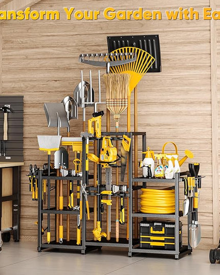 42" H Large Garden Tool Organizer, Holds Up to 86 Tools, Heavy Duty Yard Tool Organizer for Garage, 61“ Wide Lawn Freestanding Tool Storage Rack for Outdoor Shed Tool Rake, Shovel, Brooms
