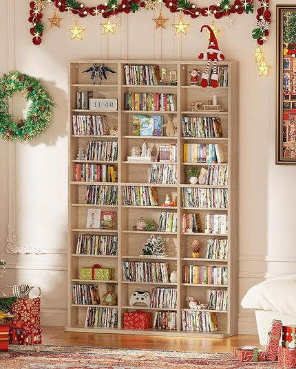 LELELINKY 11 Tier Tall Display Cabinet, Natural Media Storage Cabinet with Adjustable Shelves, Free Standing DVD Organizer Shelf, Multimedia Storage Manga Bookshelf for Living Room & Home Office.