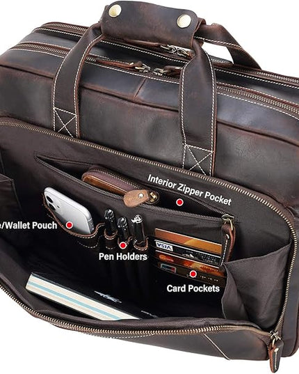 compalo Men's Solid Thick Full Grain Leather 17.3" Laptop Briefcase Classic Messenger Bag Fit Business Travel | Solid, Thick, Full Grain Leather, 17.3", Classic, Fit, Business Travel