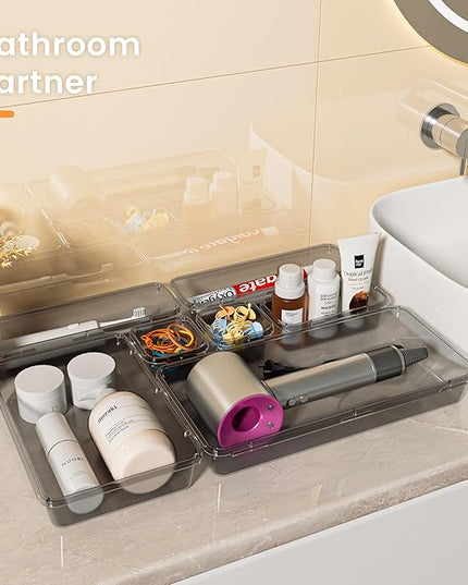 A-LuGei 【Military Grade】 Drawer Organizer, 【𝟱𝗦𝗶𝘇𝗲】 Clear Makeup organizer, 【Holds 177 Items】 Bathroom Organizers and Storage, Plastic Desk Organizer Divider, Organizer Bins for Office Vanity