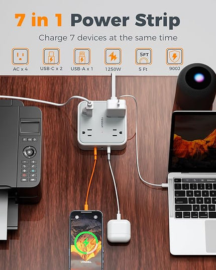 TESSAN Surge Protector Power Strip with 3 USB (2 USB C) 4 Outlets, Flat Plug Extension Cord 5 Ft, 900J Surge Protection, Multiple Charging Station with Power Switch for Home, Office, Dorm Room, Gray