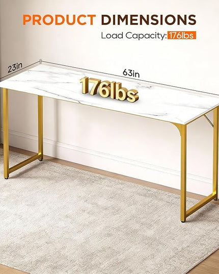 PayLessHere | 63 Inch Computer Desk | White Gold | Office Desk with Metal Frame, Adjustable Feet | Water-Resistant, Scratchproof Surface | Sturdy Writing Table for Home Office or Study | Pack of 1