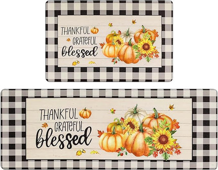 Pauwer Fall Kitchen Rugs Set of 2, Pumpkin Decorative Anti Fatigue Kitchen Mats for Floor, Farmhouse Buffalo Plaid Kitchen Mat Cushioned, Non Slip Kitchen Runner Floor Carpet Autumn Thanksgiving Decor