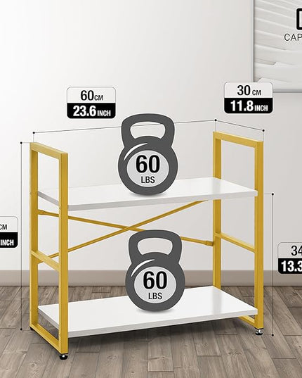 CAPHAUS 2 Tier Small Bookshelf, 24 Inch Width Free Standing Shelf, Bookcase Shelf Storage Organizer, Industrial Book Shelves for Home Office, Living Room, White Wooden Shelves & Gold Frame