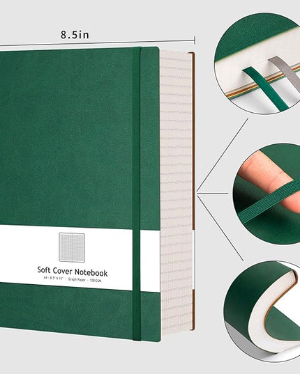 AHGXG Graph Paper Notebook - Grid Paper Notebook Large A4 8.5''×11'', 320 Pages Thick Journal, 100gsm Thick Graph Paper, Leather Softcover, Inner Pocket - Green