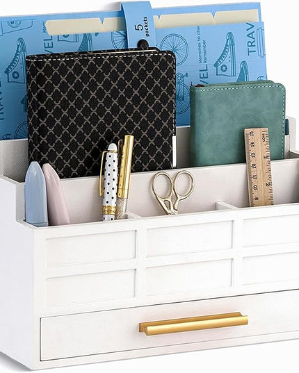 dreampossible white Wood Desk Organizer and Accessories with Drawer, Bill Mail Organizer and File Mail Holder for Office Supplies, Rustic Desk Accessories & Workspace Organizers for Desk Organization