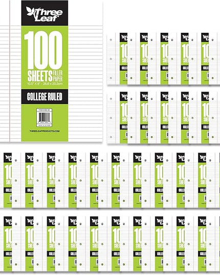 THREE LEAF 100 SHEETS COLLEGE RULED FILLER PAPER, PACK OF 36, LOOSE-LEAF SHEETS FOR SCHOOL AND OFFICE 100 CT. FILLER PAPER, NOTEBOOK PAPER