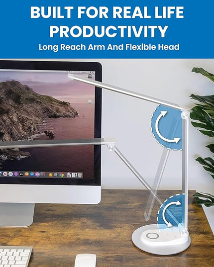 Mount-It! LED Desk Lamp with Wireless Charger and USB-C Charging Port, Dimmable Desk Lamp with 25 Brightness and Color Modes, for Home or Office, Adjustable Arm, Silver/White