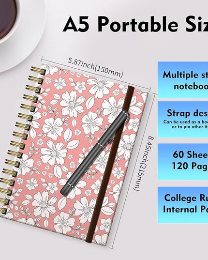 Spiral Journal Notebook, A5 Cute Notebooks for Women Men, College Ruled Hardcover Notebook for Work & Note Taking, 60 Pages Double-Wire Journals for Writing, Cute White Flowers