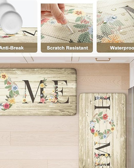 KIMODE Anti Fatigue Kitchen Mats for Floor 2 Piece,Farmhouse Floral Rugs Cushioned,Comfort Memory Foam Carpet Non Slip for Sink Laundry Office Bathroom,Beige 17"x47"+17"x29"