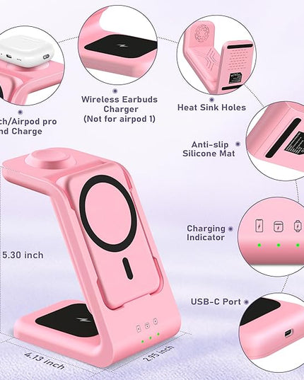 3 in 1 Wireless Charging Station: 5000mAh Removable Power Bank Charger Stand for Phone/Watch/Air Pods - Portable Magnetic Battery Pack for Air 17 16 15 14 13 12 Series Pink