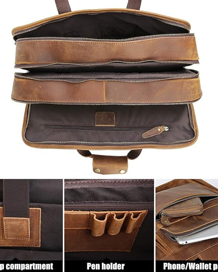 Polare 17'' Full Grain Leather Briefcase Laptop Attache Case Messenger Bag For Men Fits 15.6'' Laptop