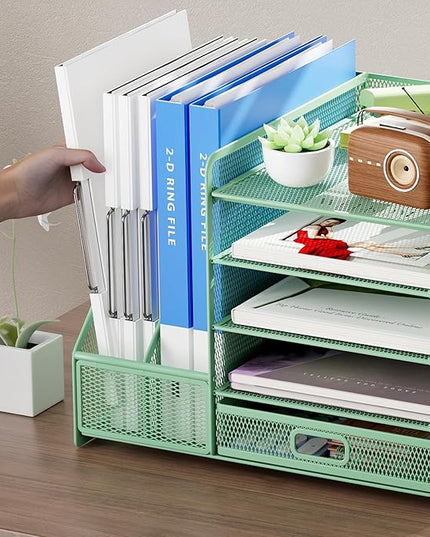 Marbrasse Desk Organizer with File Holder, 5-Tier Paper Letter Tray Organizer with Drawer and 2 Pen Holder, Mesh Desktop Organizer and Storage with Magazine Holder for Office Supplies (Green)