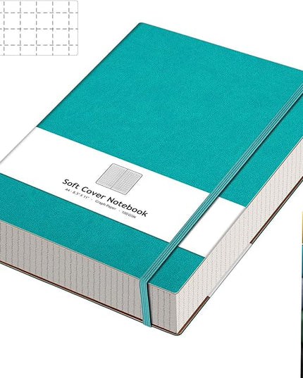 AHGXG Graph Paper Notebook - Grid Paper Notebook Large A4 8.5''×11'', 320 Pages Thick Journal, 100gsm Thick Graph Paper, Leather Softcover, Inner Pocket - Cyan