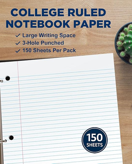 Woodlake Loose Leaf Paper, College Ruled Notebook Paper, 8 x 10.5”, 150 Sheets per Pack, 3 Pack Bulk Lined Filler Paper, 3 Hole Punched, 60gsm, Made in USA