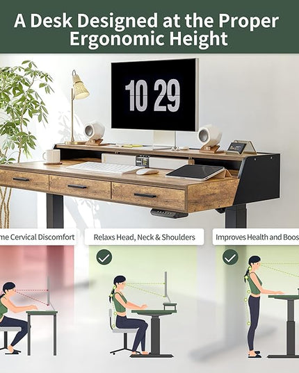 FEZIBO Standing Desk Adjustable Height, 55 x 26 Inches Sit and Stand Home Office Computer Desk with Drawers, Rustic Brown