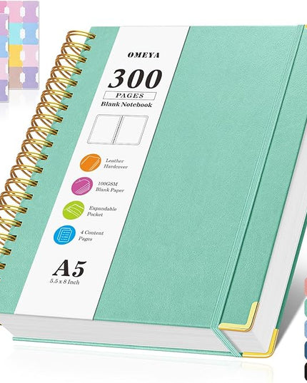 Blank Spiral Notebook: Leather Sketch Book, 300 Pages Hardcover Unlined Notebook for Women Men,100GSM Thick No Bleed Paper Journal, A5 Small Art Sketchbook for Drawing Writing Work, 5.5" x 8", Green