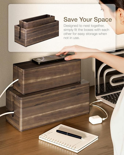 Acacia Large Cable Management Box - Set of 2 Cord Box Hider for Office - Cable Hider Box, Surge Protector Box for TV Wires, Desk - Power Strip Box with 2 Open Slots, Magnetic Lid (Walnut color)
