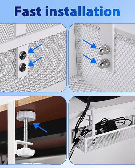 Under Desk Cable Management Tray Small – Clamp-Mounted Wire Organizer & Cord Management Under Desk Holder, No-Drill Metal Cable Tray for Home Office (White)