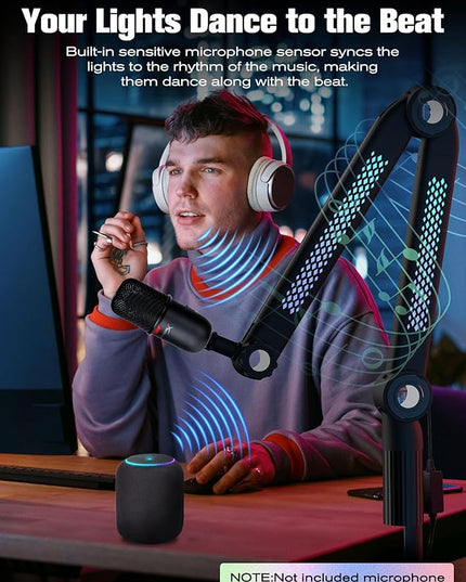 SUNMON RGB Mic Arm – Adjustable Boom Arm with Rhythm RGB Lighting for Blue Yeti, HyperX QuadCast, Rode, Fifine AM8, and More – Perfect for Podcasting, Streaming, and Gaming