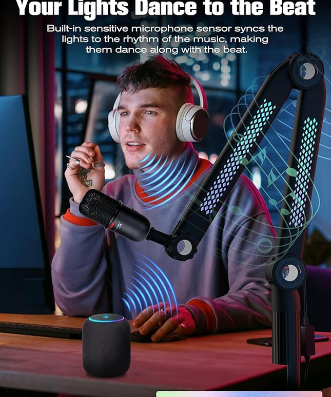 SUNMON RGB Mic Arm – Adjustable Boom Arm with Rhythm RGB Lighting for Blue Yeti, HyperX QuadCast, Rode, Fifine AM8, and More – Perfect for Podcasting, Streaming, and Gaming