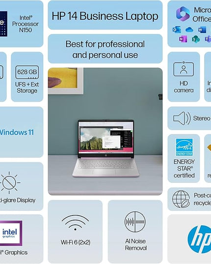 HP 14 Laptop Student Business 2025 Flagship Computer, AI Copilot, 4-Core 13th Gen Intel CPU, 16GB RAM 628GB Storage (128GB UFS+500GB Ext) 1-Yr Office 365 Long Battery HubxcelAccessory Win 11S Lavender