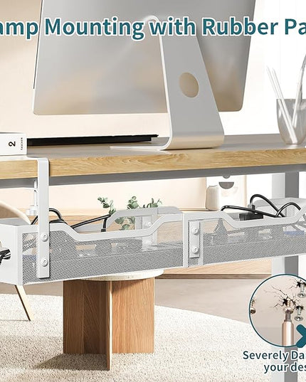 Under Desk Cable Management Tray White, Litwaro Cable Management Under Desk No Drill, 25'' Cable Tray with Clamp for Wire Management, Cord Organizer for Office, Home - No Damage to Table