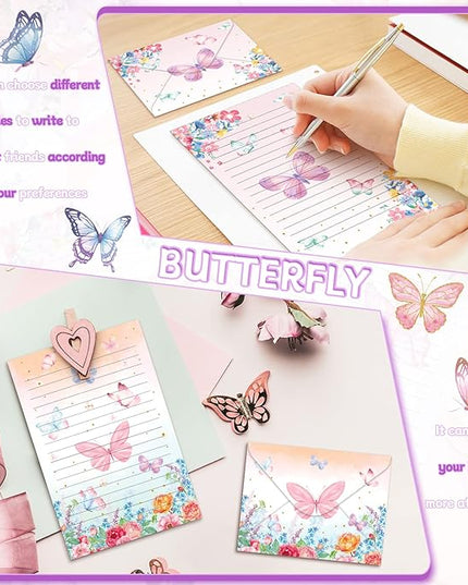 TaoBary 160 Pcs Stationery Paper Set 50 Double Sided Stationery Papers with 50 Matching Envelopes and 60 Round Dot Sticker, 10 Design(Watercolor Butterfly,5.5 x 8.25 Inch)