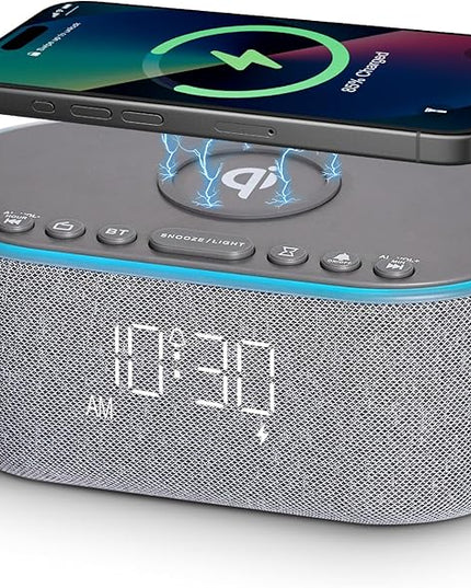Wireless Charging Alarm Clock Radio: Qi Certified Fast Wireless Charger for iPhone Samsung - 10W Stereo Bluetooth Speaker - Dimmable Digital Clock with FM Radio for Bedroom Gray