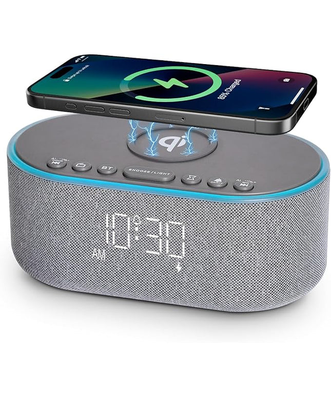 Wireless Charging Alarm Clock Radio: Qi Certified Fast Wireless Charger for iPhone Samsung - 10W Stereo Bluetooth Speaker - Dimmable Digital Clock with FM Radio for Bedroom Gray