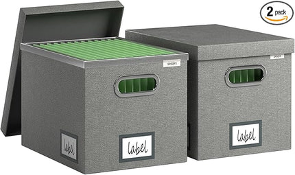 File Organizer Box - File Boxes for Hanging Files with Lid Set of 2 Decorative Hanging Folders Letter Size Organizer with One-Piece Plastic Frame Slides (Grey, 13.2 * 10.1 * 10.1in(2Pack))