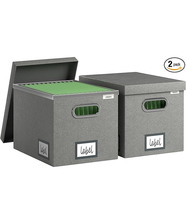 File Organizer Box - File Boxes for Hanging Files with Lid Set of 2 Decorative Hanging Folders Letter Size Organizer with One-Piece Plastic Frame Slides (Grey, 13.2 * 10.1 * 10.1in(2Pack))