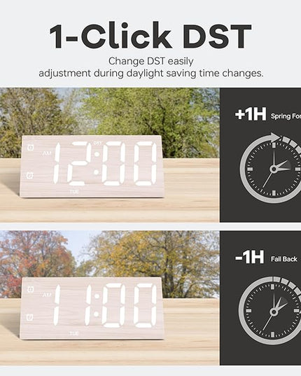 Digital Alarm Clock, with Wooden Electronic LED Time Display, 3 Alarm Settings, Humidity & Temperature Detect, Wood Made Electric Clocks for Bedroom, Bedside, Desk (White-Big Bold)