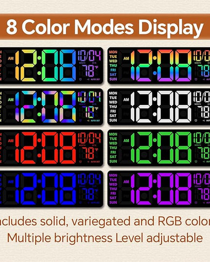 16" Digital Wall Clock with Night Light, Digital Clock with RGB Colors Changing Remote Control, Dual Alarm, Dimmer, Auto DST, Voice Control, Auto Time Sync, Clocks for Living Room, Gift for Elderly