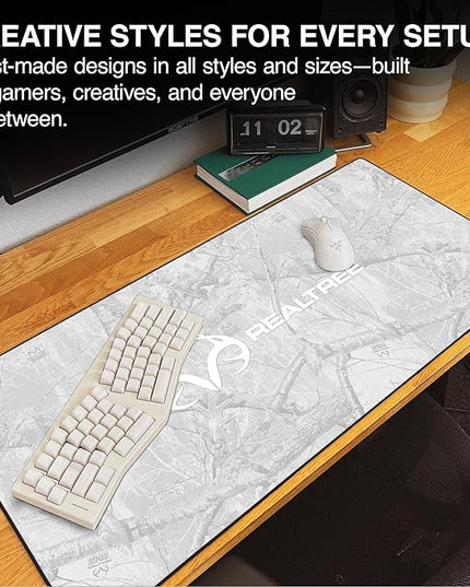 MPCO. Real Tree Large Gaming Desk Pad - 36" x 17" Duraglyde Fabric Edge Snow White – with Logo Desk Mats - Non-Slip, Washable, Smooth Glide for Precision Gaming & Work
