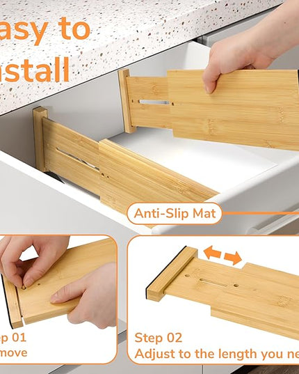 BAMEOS 4 PCS Bamboo Drawer Divider Adjustable Drawer Dividers Kitchen Drawer Organization Utensil Organizers for Kitchen Dresser Bathroom Bedroom and Office