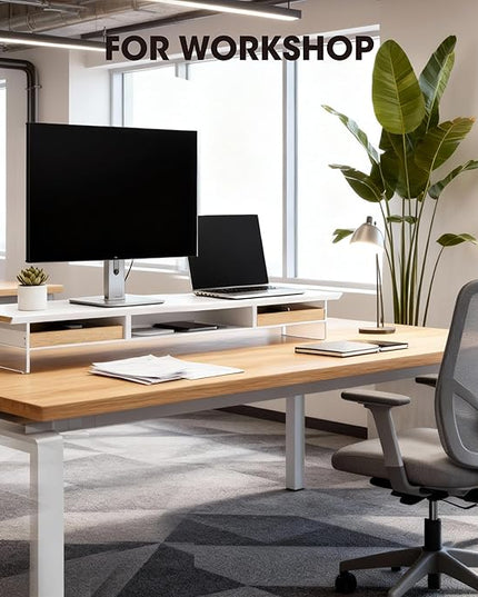 Fenge Dual Monitor Stand with Drawer, 42.5 Inch Large Monitor Riser with Acrylic Legs Supports, Computer Stand for Desk, 2 Tier Wood Desk Shelf with Storage Organizer for PC, Laptop, Printer, TV