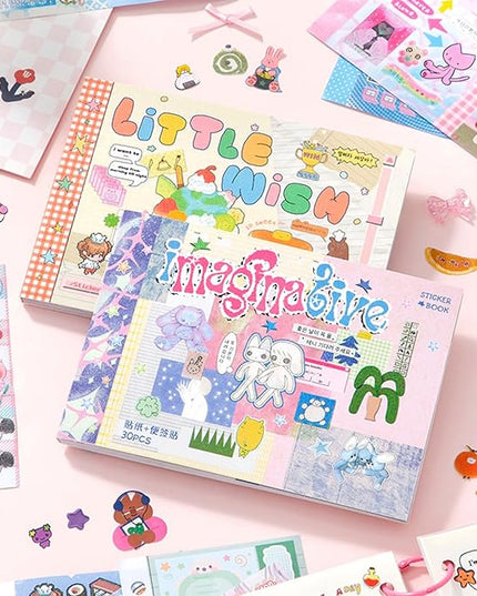 Japanese Manga Sticker Book 2-Pack,60 Sheets with Glitter, Matte and Writable Note Stickers for Journaling, Ins Style Scrapbook Supplies, 5.8 x 4.1 Inch Kawaii Sticker Set