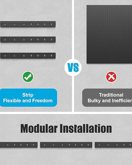 CCCEI 3 Modular Pegboard Strip Storage, Metal Peg Slat Wall Mount for Garage, Basement, Garden, Laundry Room Organization. Flexible Tool Organizer for Rake, Shovels, Crafting. Gifts for Men, Black.