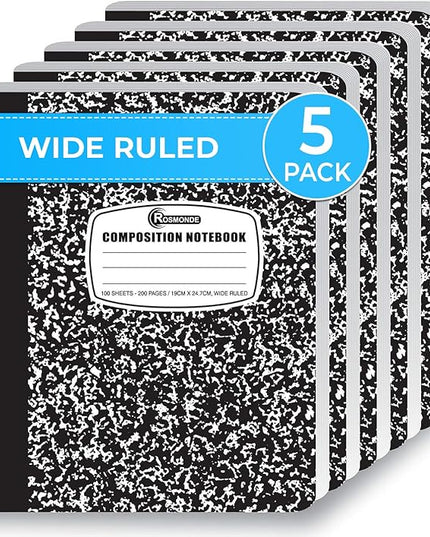 Rosmonde Composition Notebook Wide Ruled 5 Pack, 200 Pages (100 Sheets), 9-3/4 x 7-1/2, Back to School Supplies, Notebooks for School, Office Supplies, Notebooks for Work, Wide Ruled Notebook
